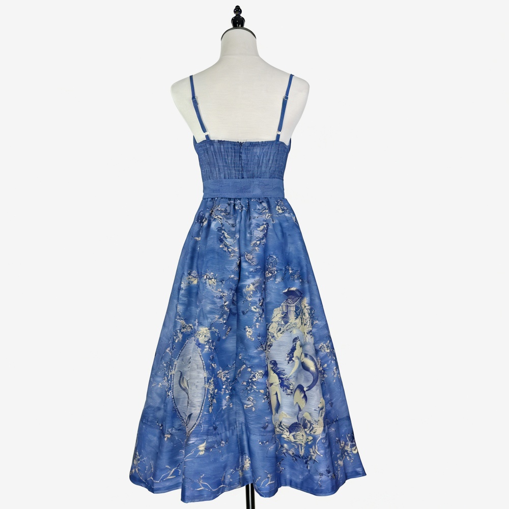 Sling European style dress pinched waist strap dress