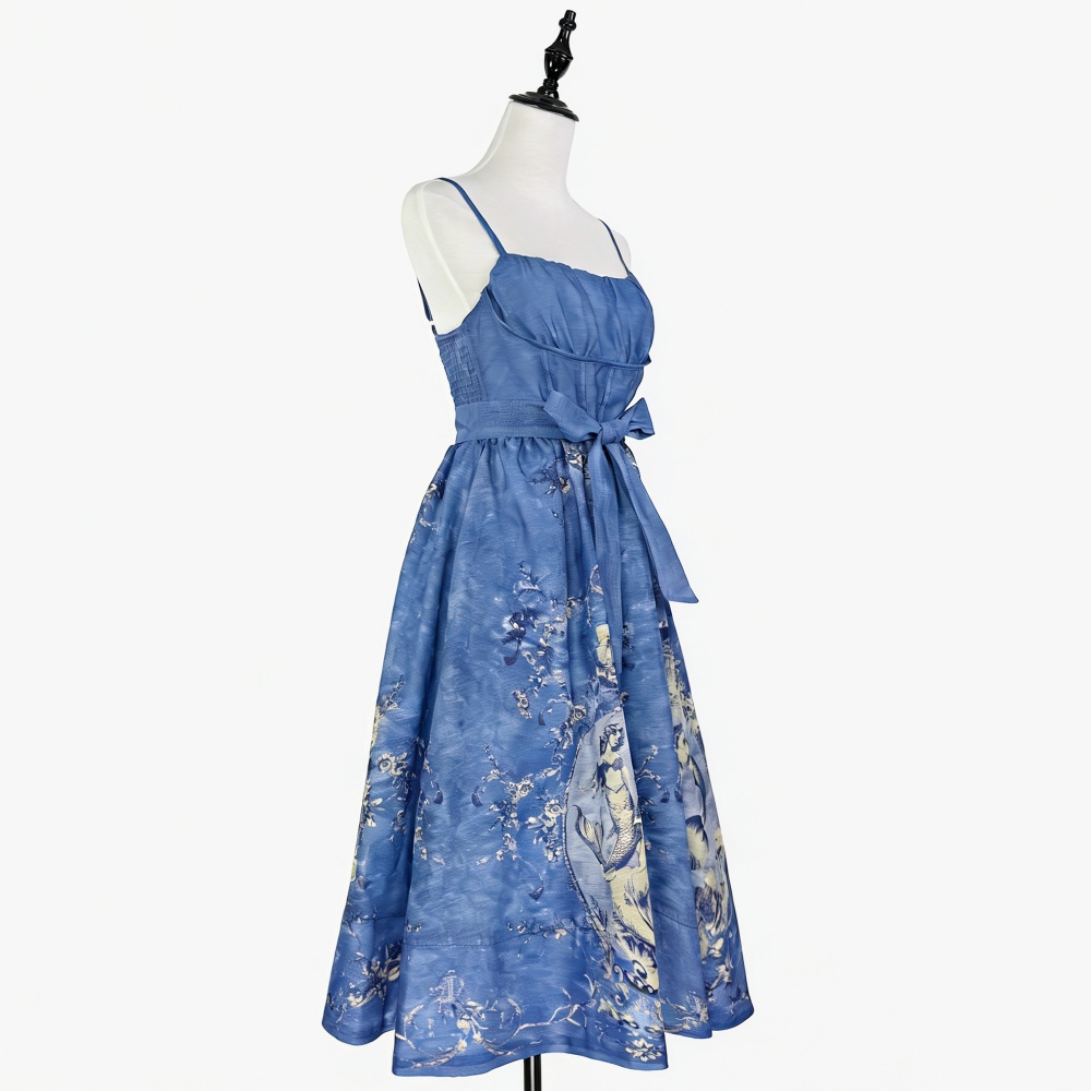 Sling European style dress pinched waist strap dress