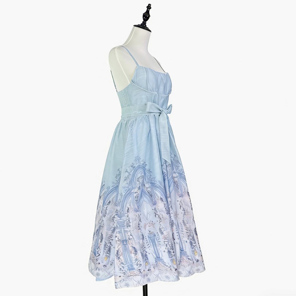 Sling European style dress pinched waist strap dress