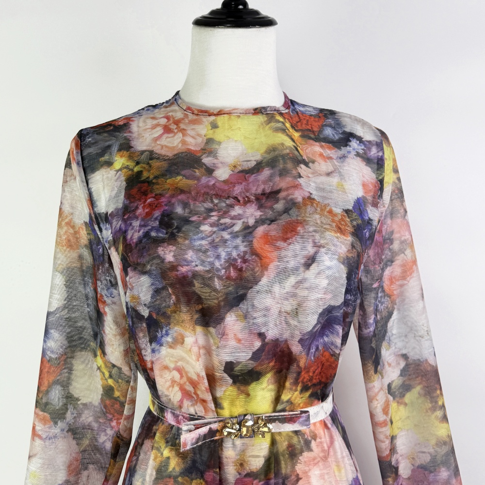 Retro canvas lotus leaf edges long dress printing slim dress