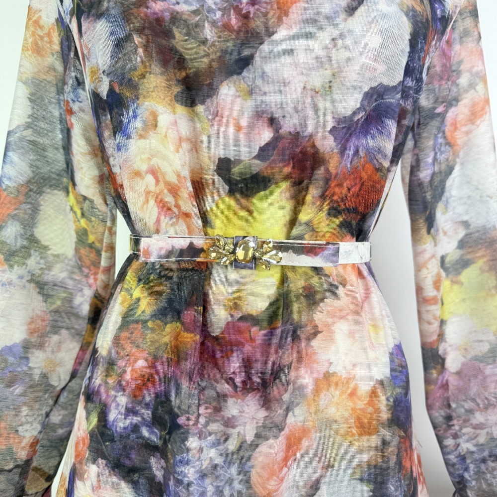 Retro canvas lotus leaf edges long dress printing slim dress