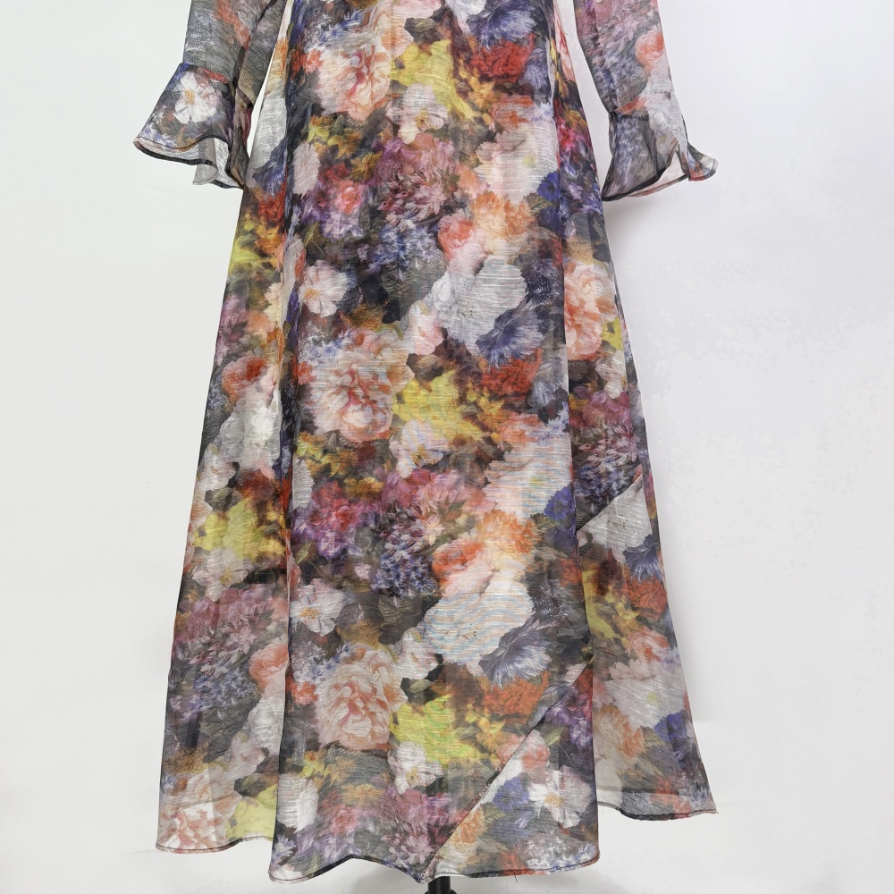 Retro canvas lotus leaf edges long dress printing slim dress