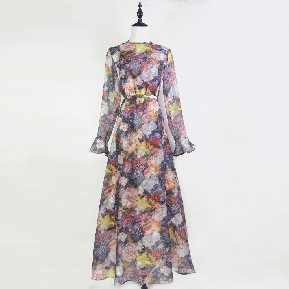 Retro canvas lotus leaf edges long dress printing slim dress