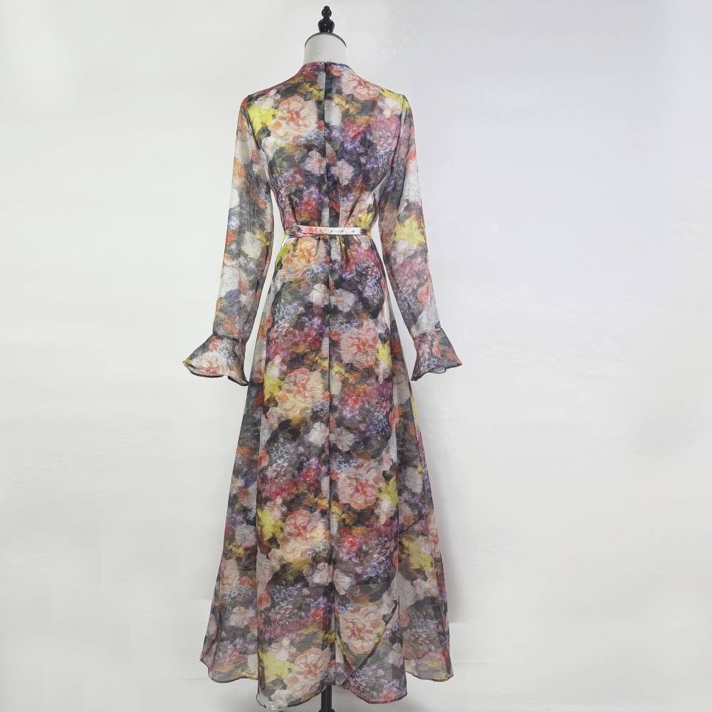 Retro canvas lotus leaf edges long dress printing slim dress