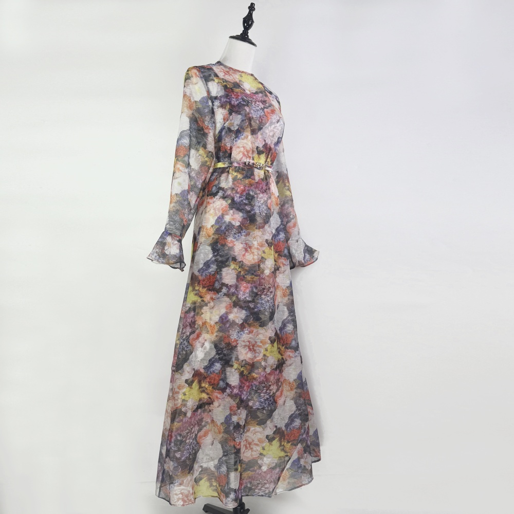 Retro canvas lotus leaf edges long dress printing slim dress