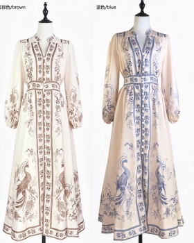 Vacation long sleeve printing lady V-neck dress