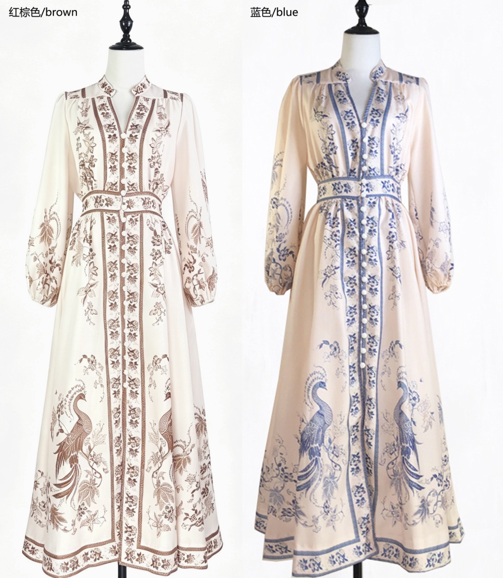 Vacation long sleeve printing lady V-neck dress