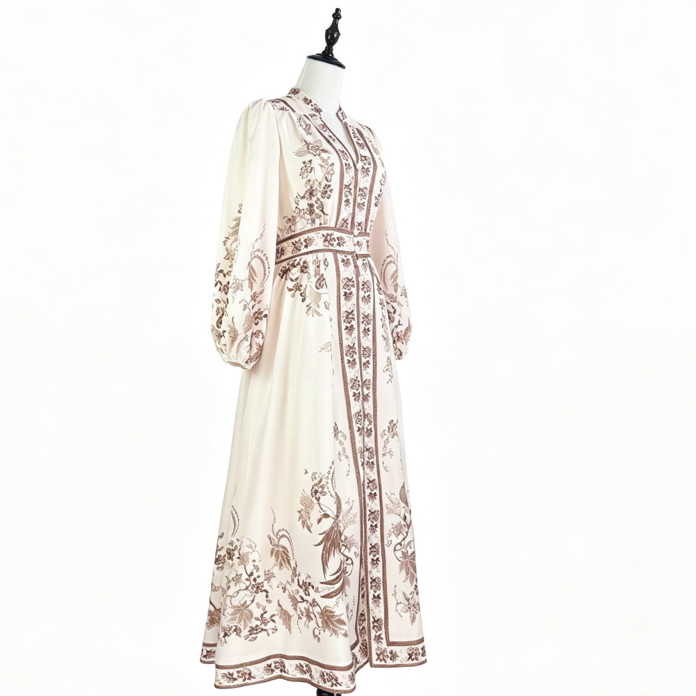 Vacation long sleeve printing lady V-neck dress