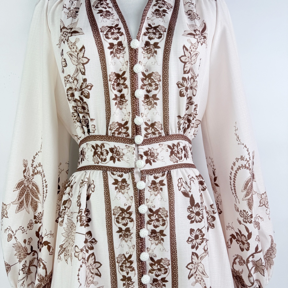 Vacation long sleeve printing lady V-neck dress