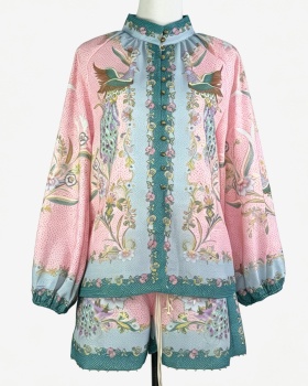 Pattern summer high waist tops niche flowers shirt 2pcs set