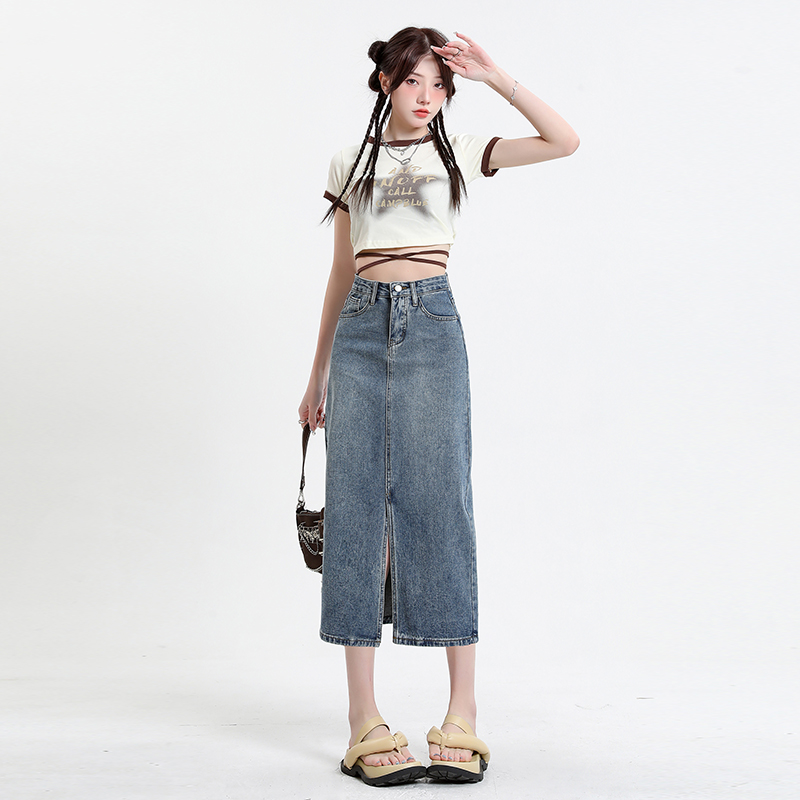 Summer split high waist long dress retro slim skirt