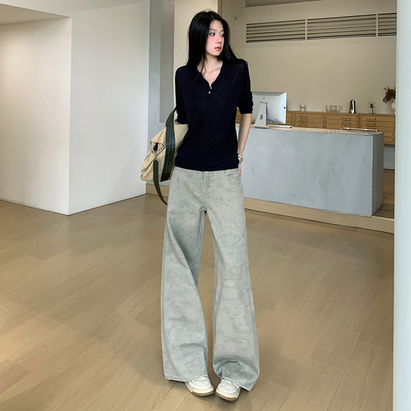 Denim tie dye pants retro high waist long pants for women