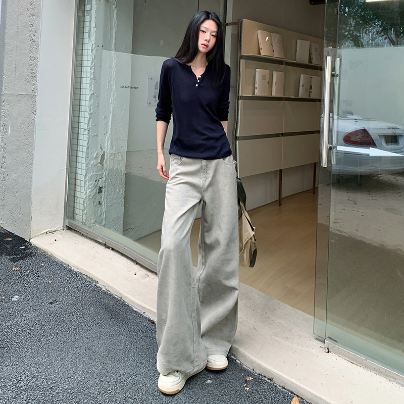 Denim tie dye pants retro high waist long pants for women