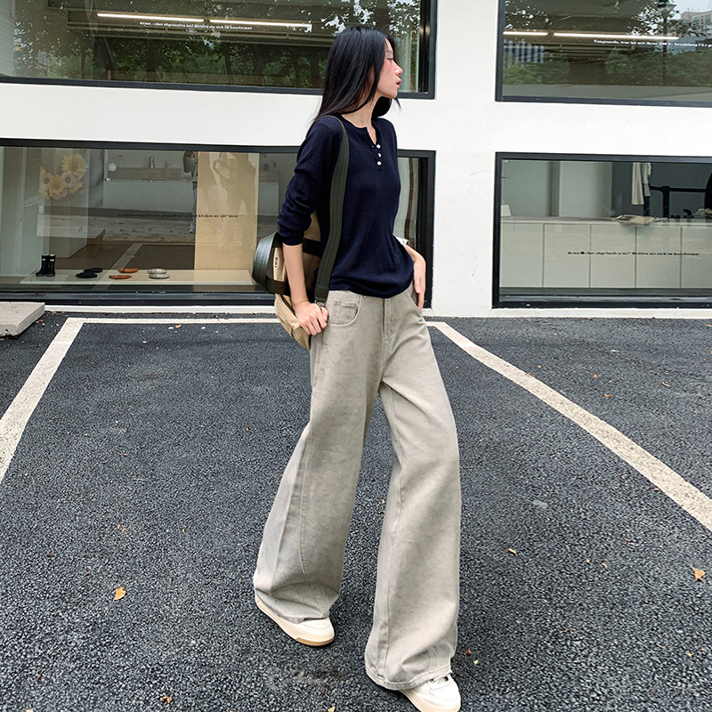 Denim tie dye pants retro high waist long pants for women