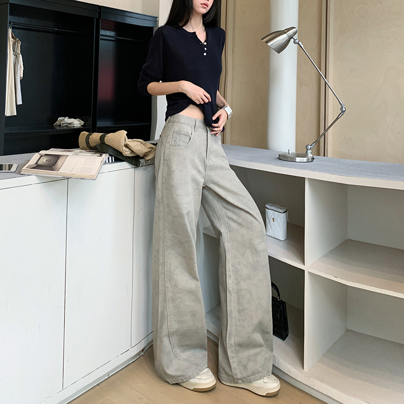 Denim tie dye pants retro high waist long pants for women