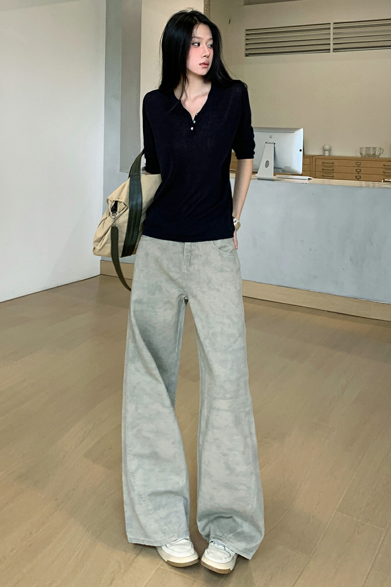 Denim tie dye pants retro high waist long pants for women