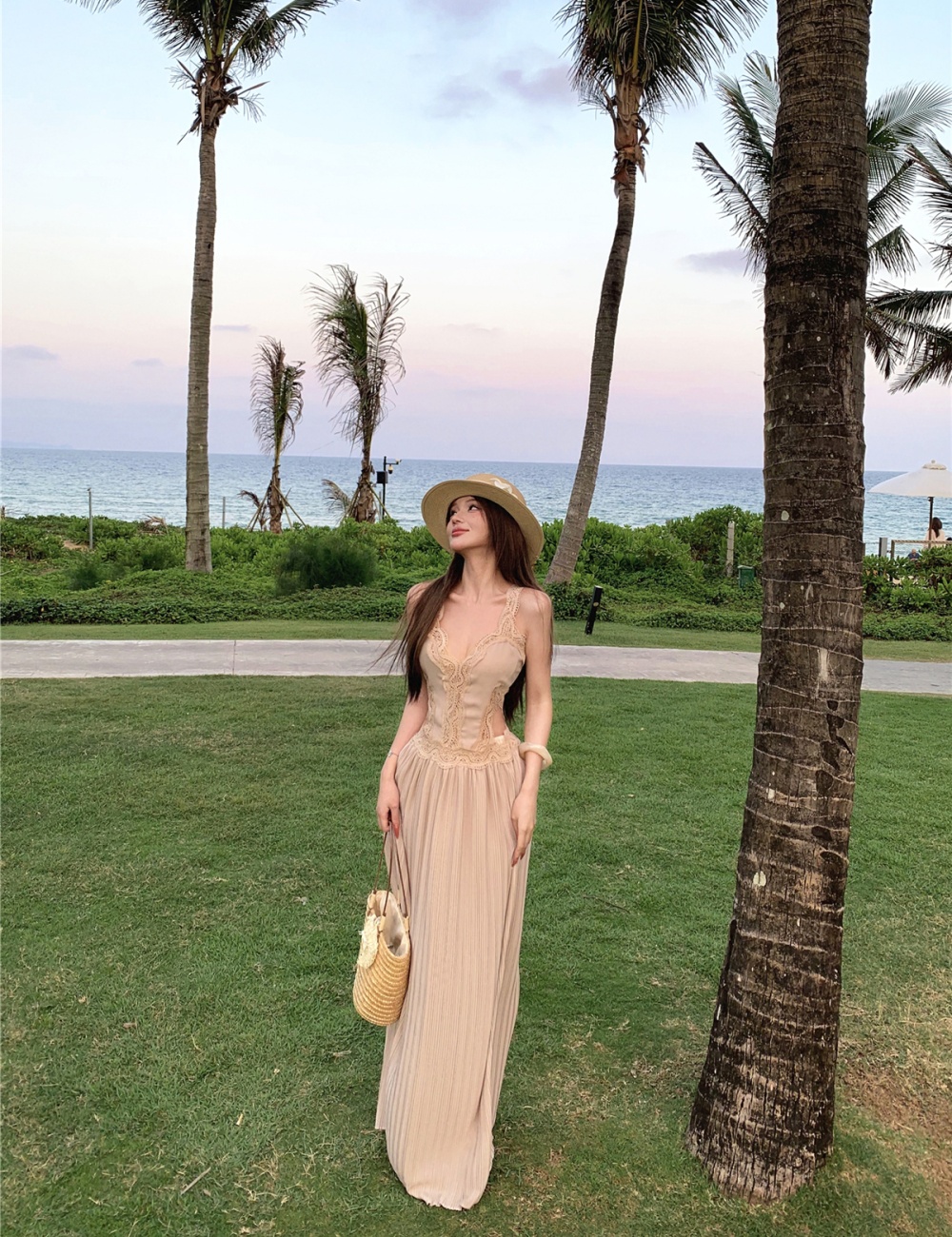 Sexy temperament dress sling pleated long dress for women