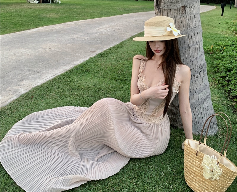 Sexy temperament dress sling pleated long dress for women