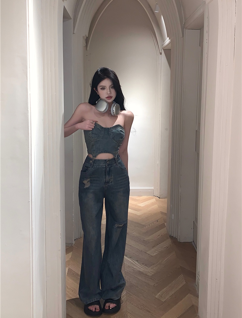 Slim wrapped chest long pants denim vest 2pcs set for women