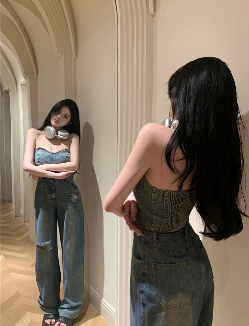 Slim wrapped chest long pants denim vest 2pcs set for women