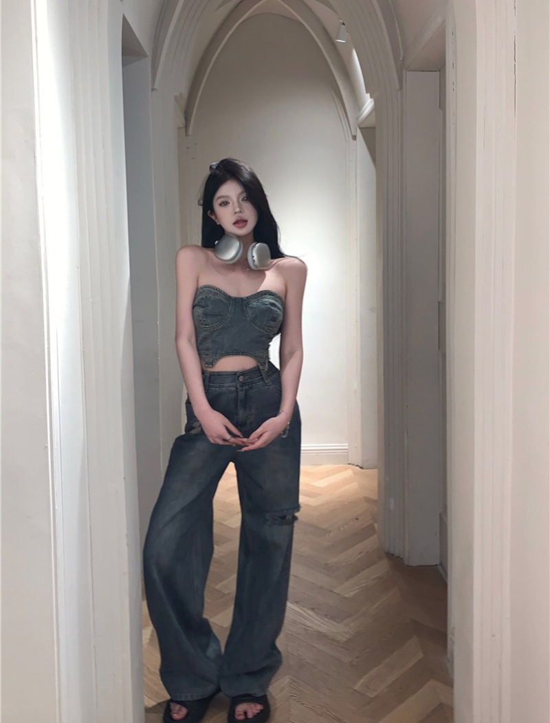 Slim wrapped chest long pants denim vest 2pcs set for women