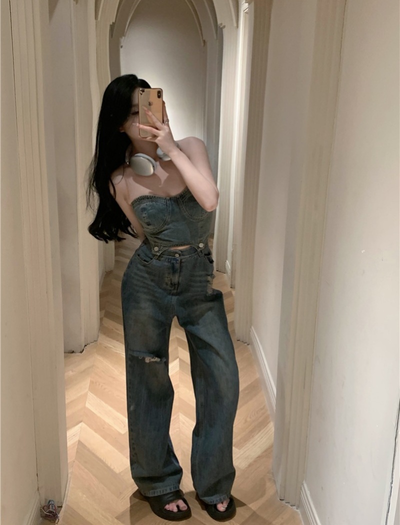 Slim wrapped chest long pants denim vest 2pcs set for women