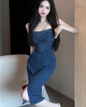 Sexy pinched waist dress denim split long dress for women