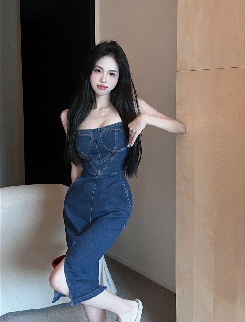 Sexy pinched waist dress denim split long dress for women