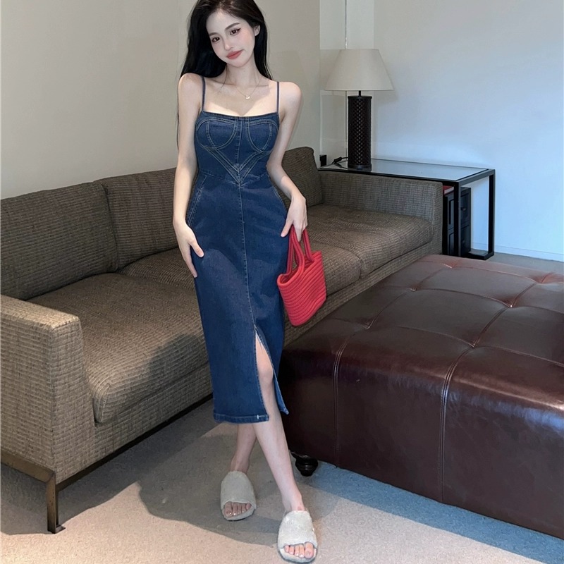 Sexy pinched waist dress denim split long dress for women