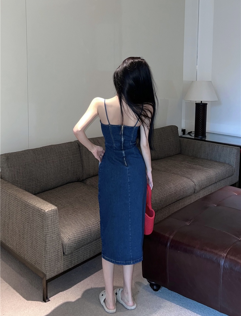 Sexy pinched waist dress denim split long dress for women
