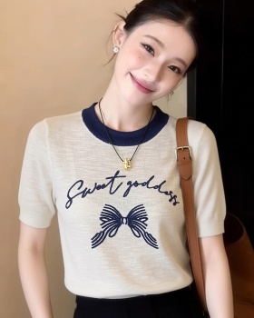 Short sleeve tops round neck sweater for women