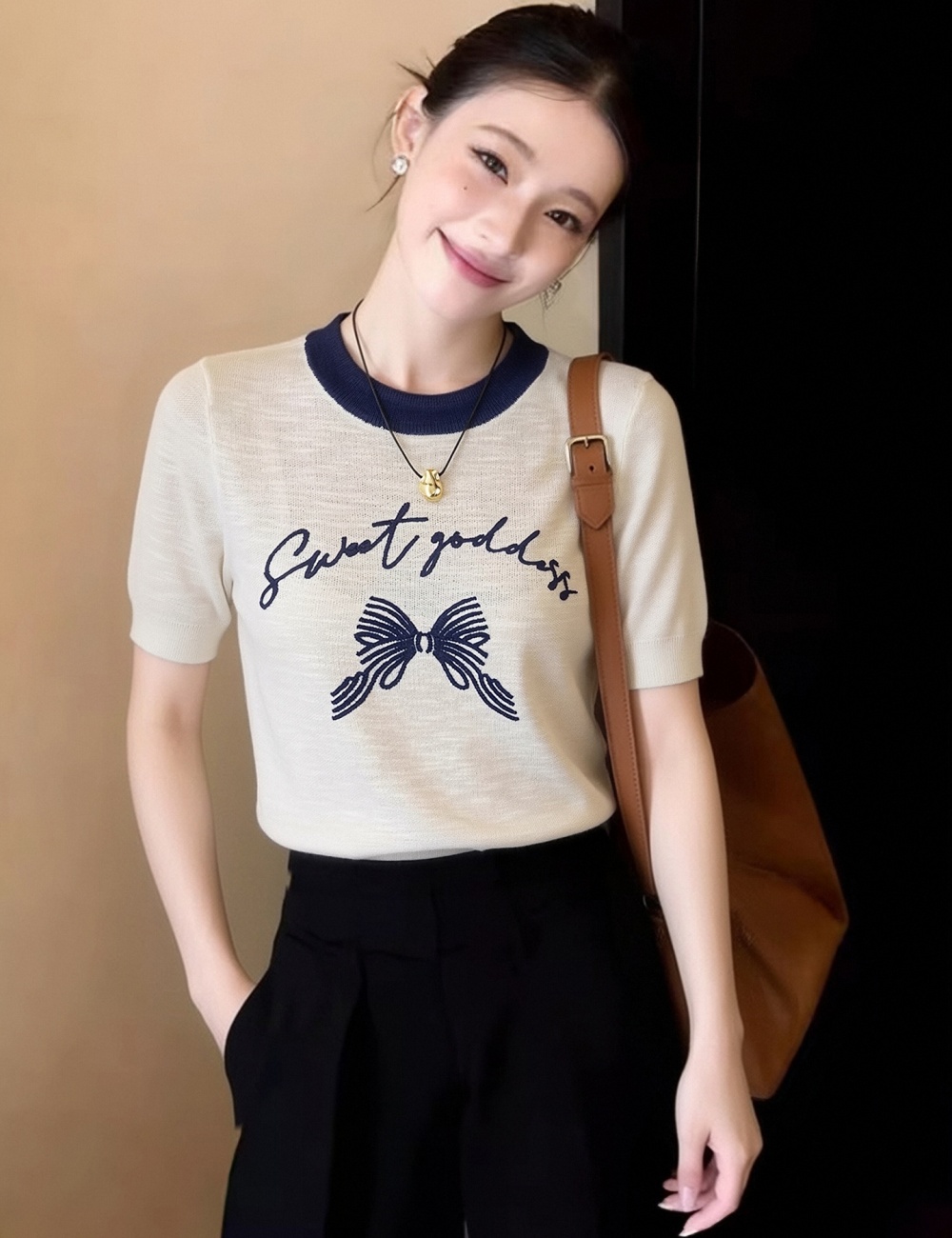 Short sleeve tops round neck sweater for women