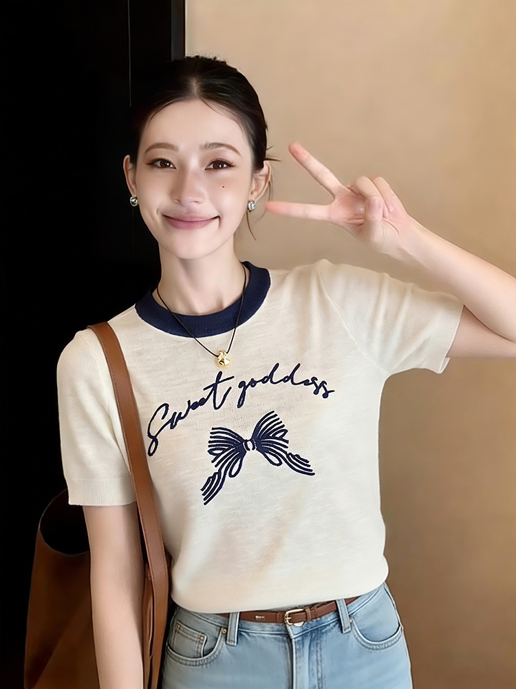 Short sleeve tops round neck sweater for women