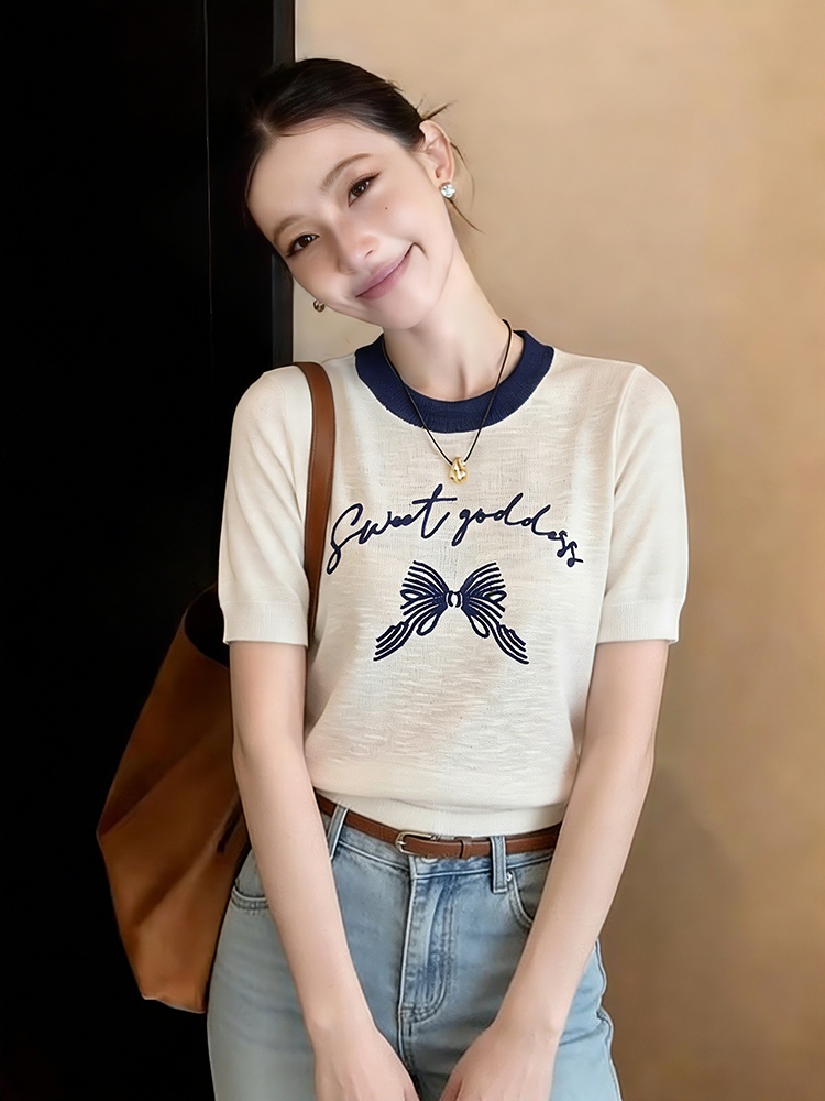 Short sleeve tops round neck sweater for women