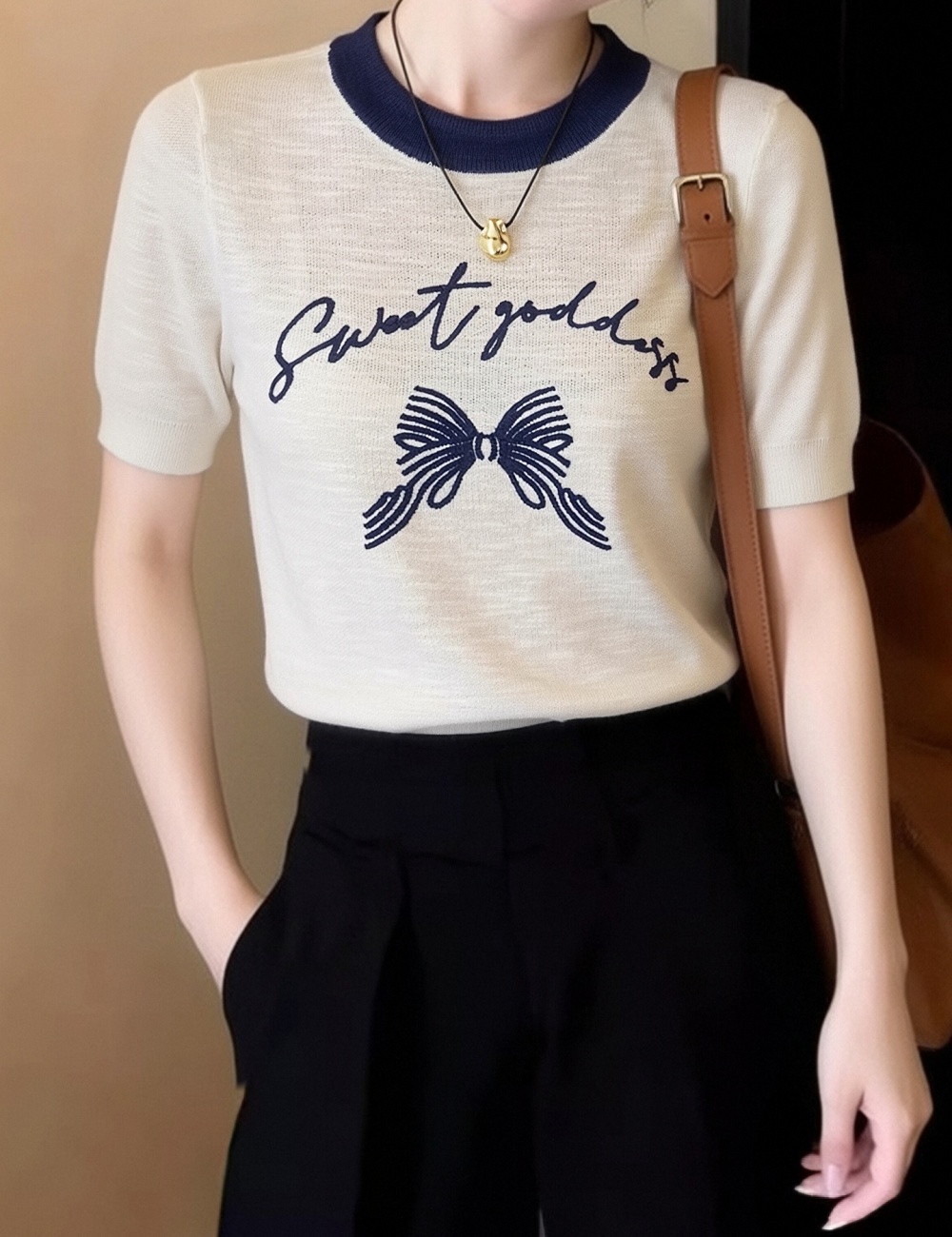 Short sleeve tops round neck sweater for women