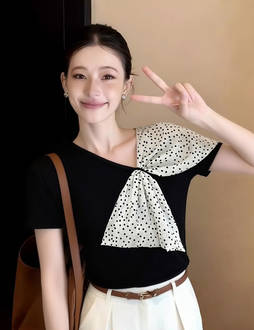 Splice short sleeve T-shirt sloping shoulder tops for women