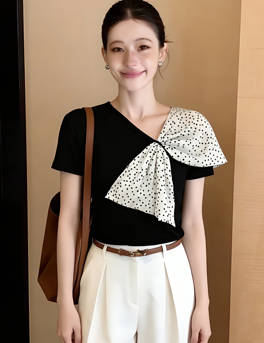 Splice short sleeve T-shirt sloping shoulder tops for women