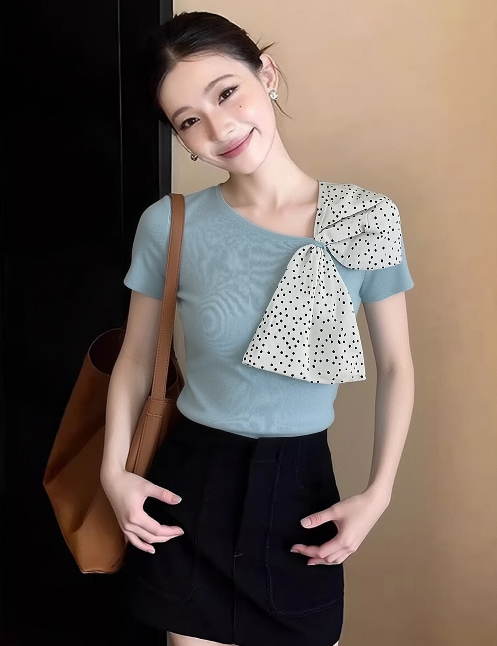 Splice short sleeve T-shirt sloping shoulder tops for women