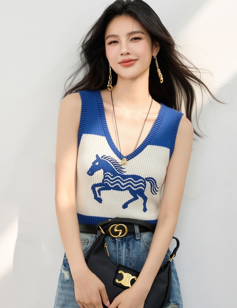 Pony summer slim tops knitted V-neck show young vest