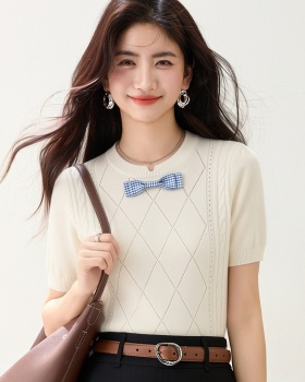 Short niche short sleeve slim bow tops for women