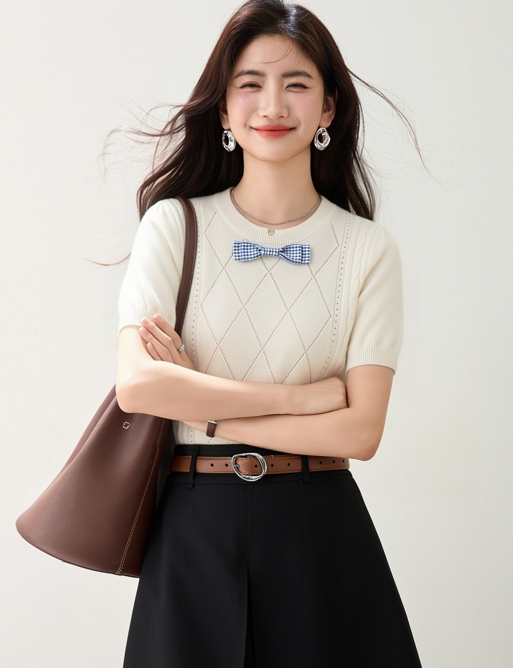 Short niche short sleeve slim bow tops for women