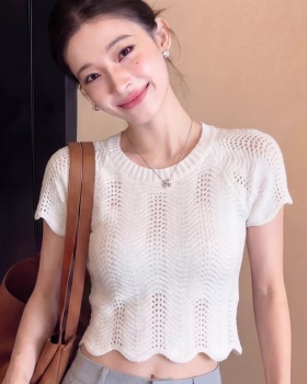 Hollow Korean style slim round neck tops for women