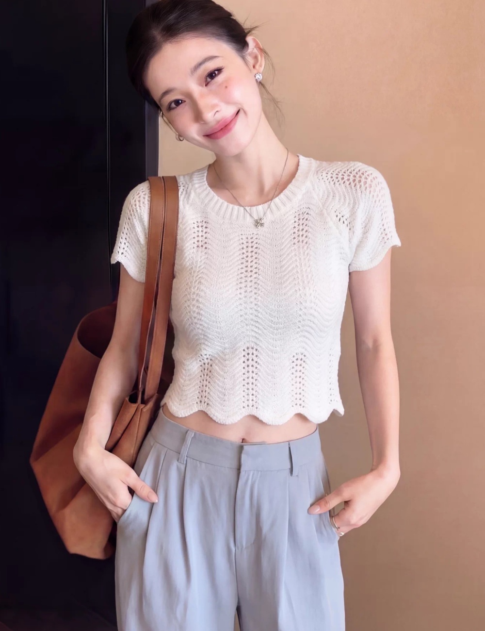 Hollow Korean style slim round neck tops for women