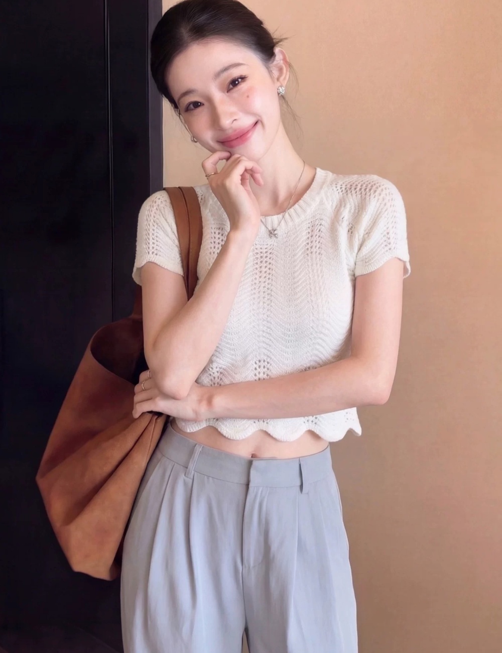 Hollow Korean style slim round neck tops for women