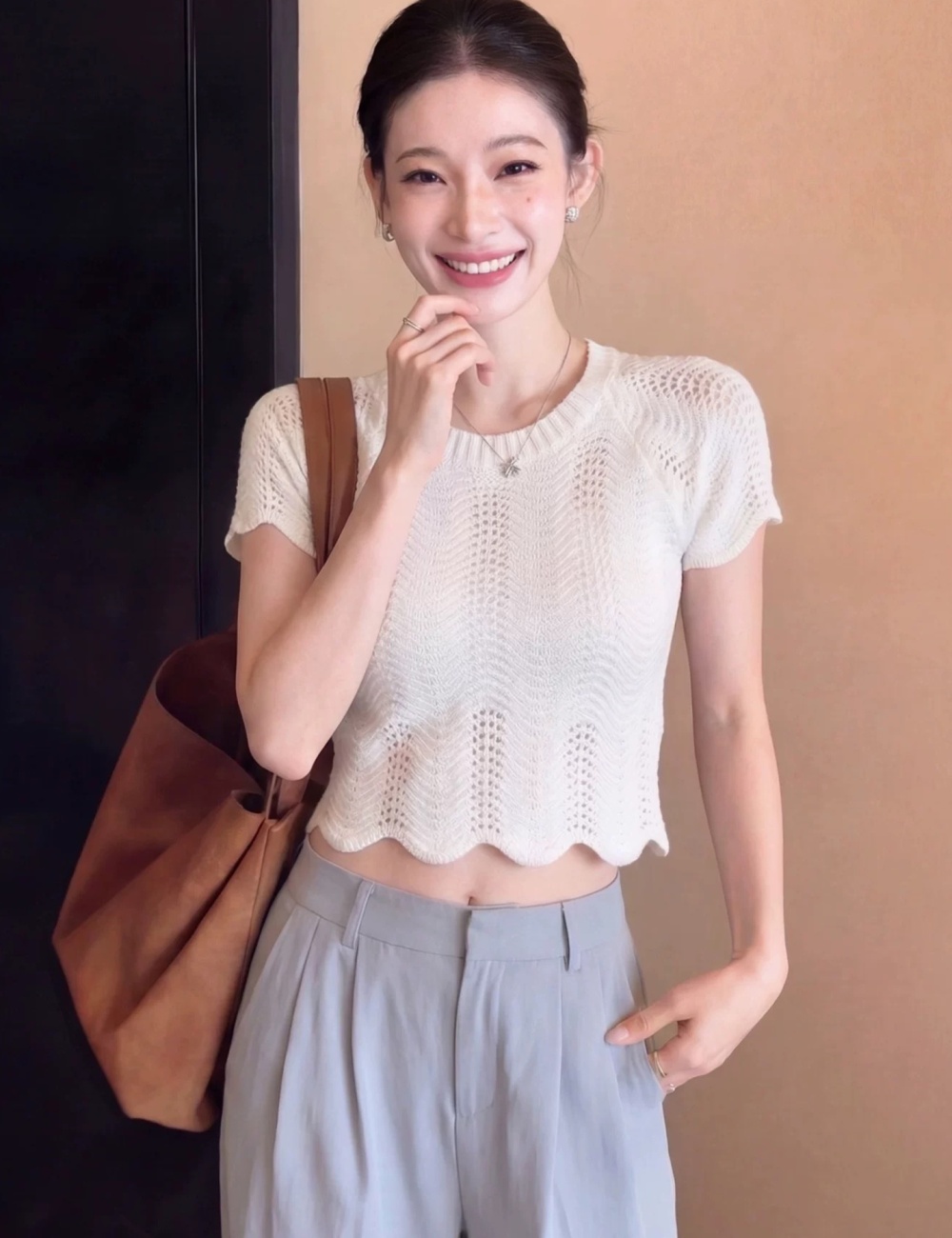 Hollow Korean style slim round neck tops for women