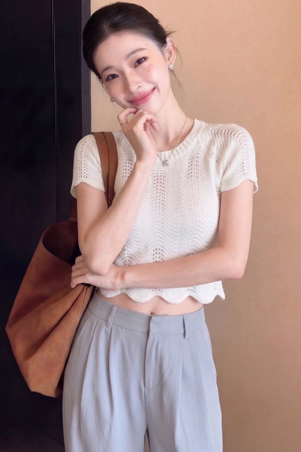 Hollow Korean style slim round neck tops for women