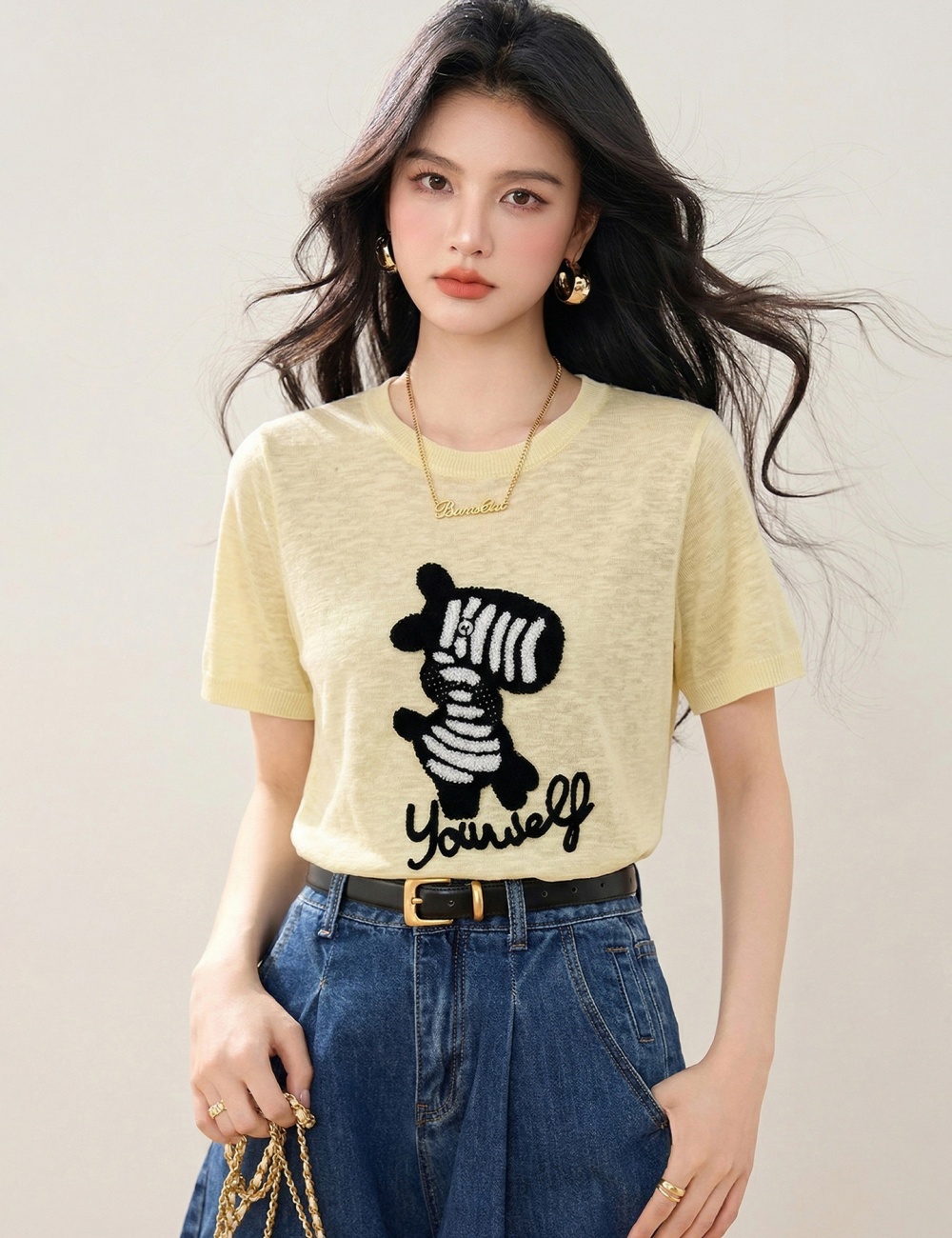 Round neck short sleeve tops summer sweater for women