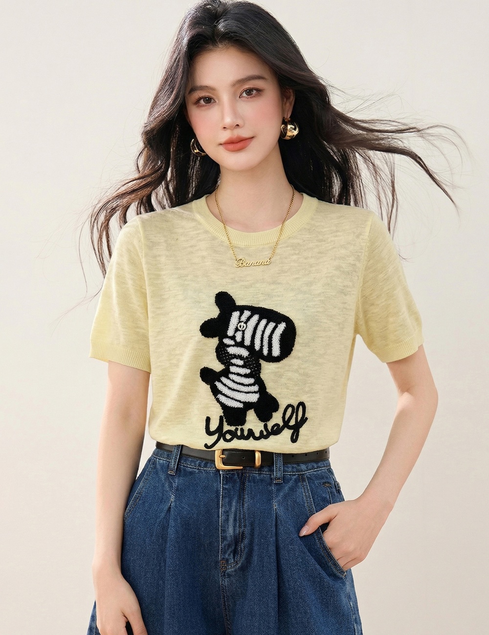 Round neck short sleeve tops summer sweater for women