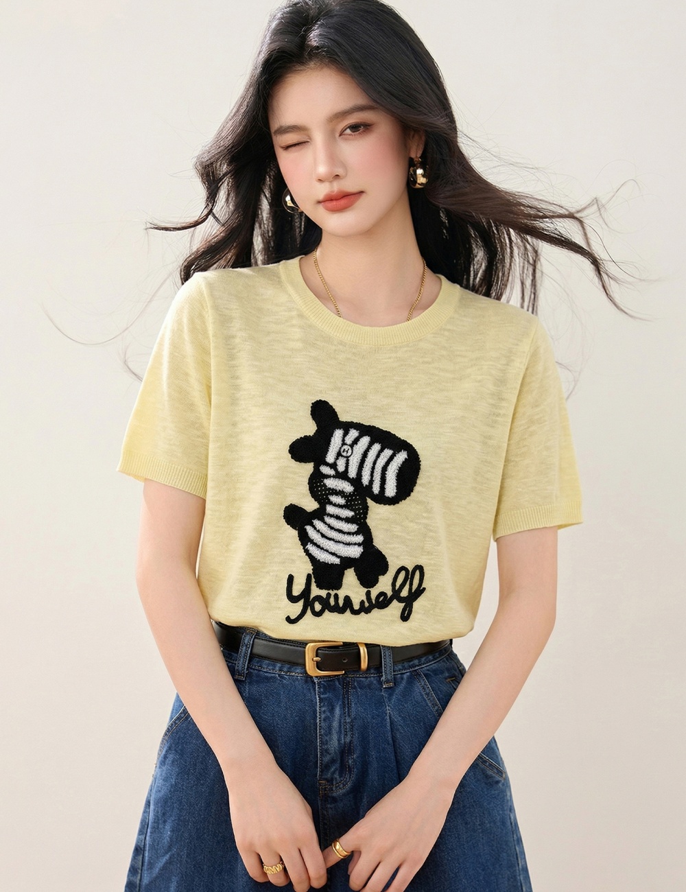 Round neck short sleeve tops summer sweater for women