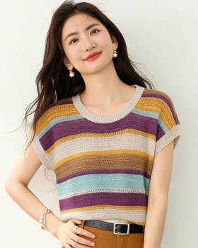 Thin knitted mixed colors tops stripe sleeveless vest